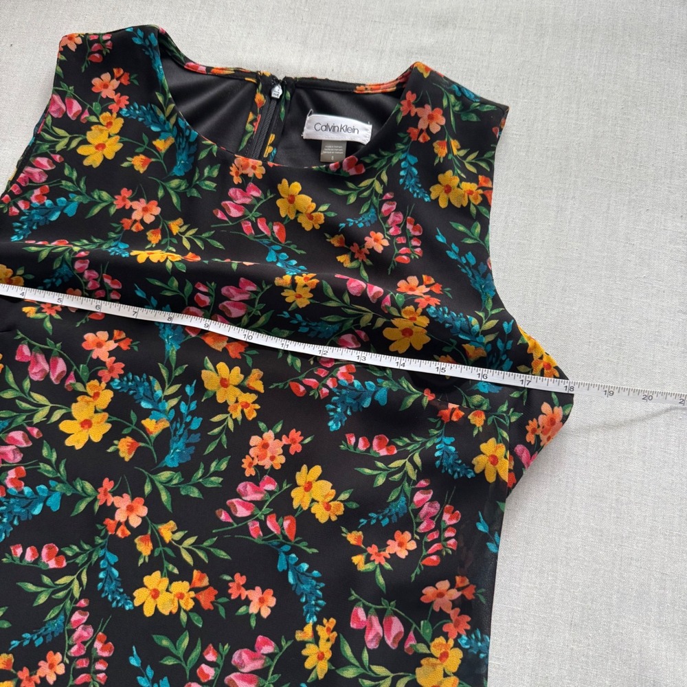 Calvin Klein Black Floral Chiffon Midi Dress Size 8 Sharkbite Hem Wedding Guest - Picture 8 of 12
